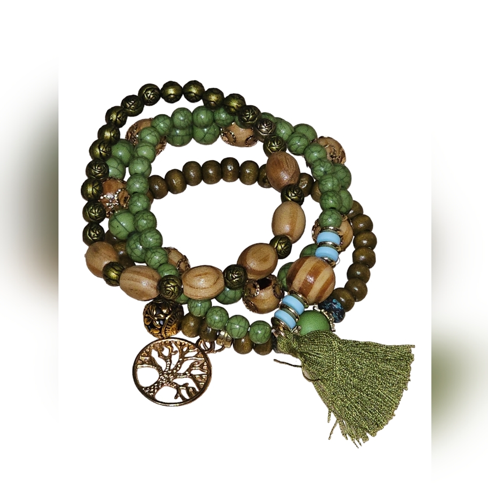 Stackable wood health bead bracelets